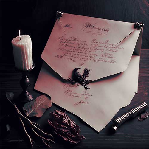 Carta misteriosa en una mesa de una Bruja.